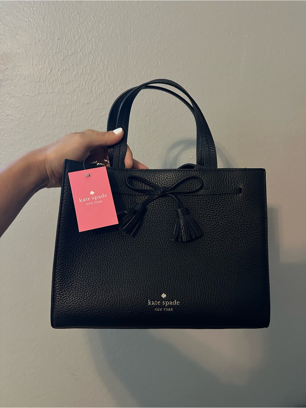 kate spade Black Leather Satchel with Tassel Bow